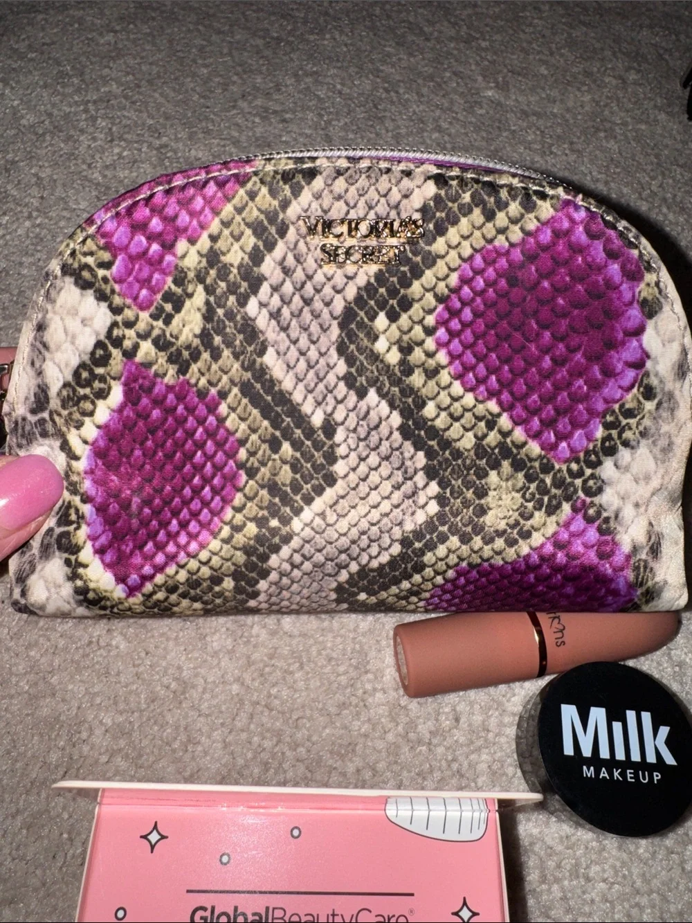Victoria's Secret Pink & Cream Snake-Print Makeup Pouch with Pink Lip Care Set